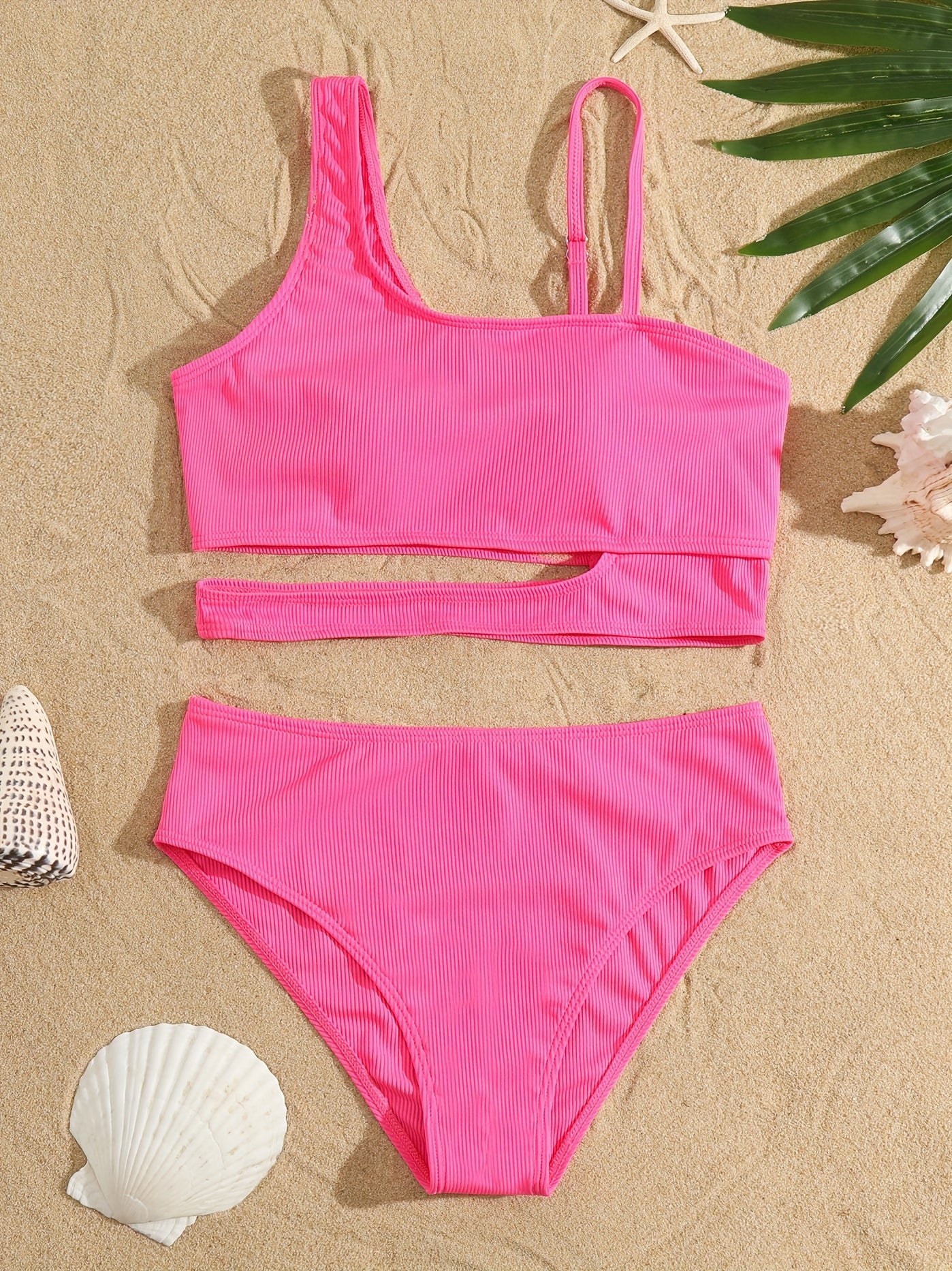 Solid Cut Out Bikini Sets High Cut Two Pieces Swimsuit Women's Swimwear