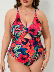 Floral Print Cut Out Drawstring One Piece Swimsuit