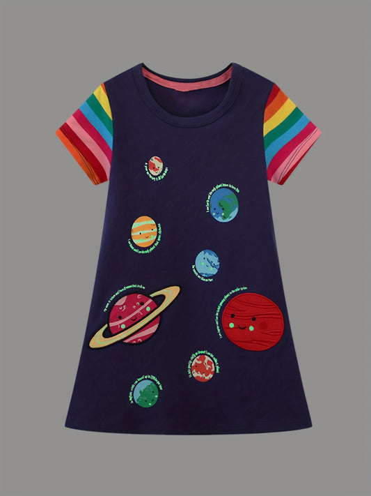 Toddler Girls Rainbow Stripes Dress with Cartoon Space Planet Embroidery