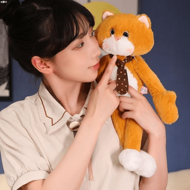 Anime Plush Cat Toy with Long Arms & Expressive Eyes Soft Brown Stuffed Animal