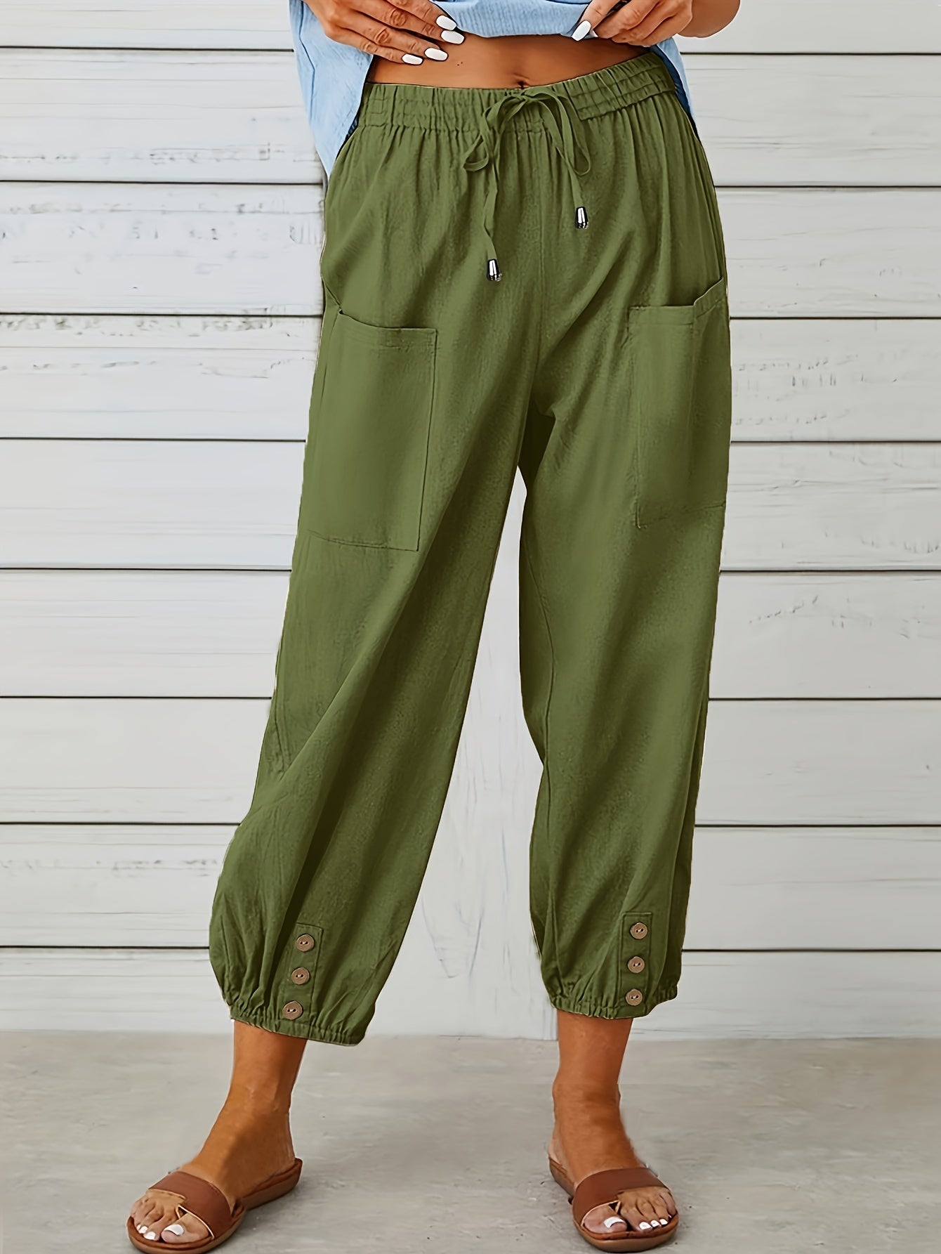  Solid Bow Knot Elastic Button Casual Pants