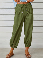  Solid Bow Knot Elastic Button Casual Pants