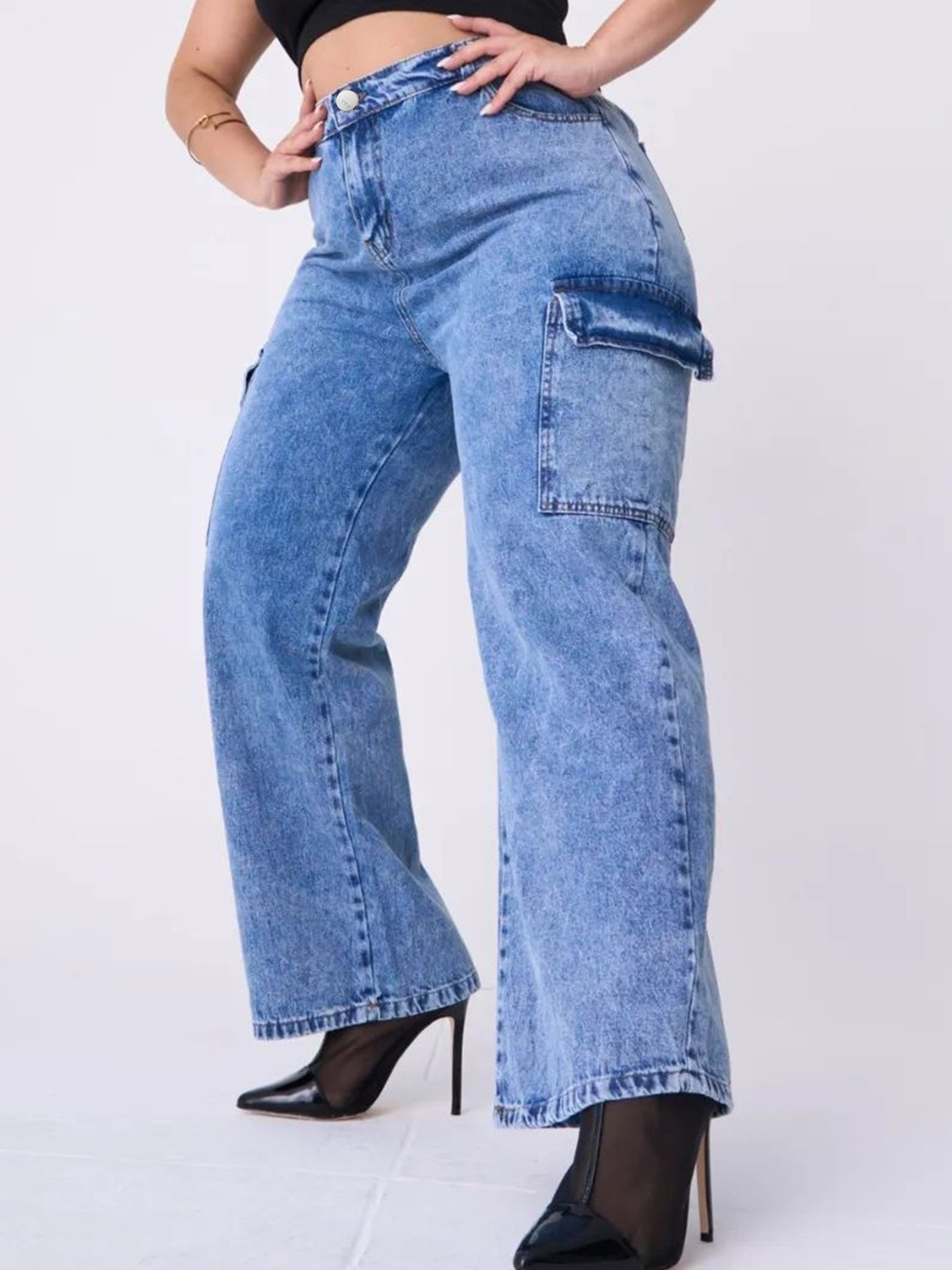  Button Fly High Rise Wide Leg Jeans