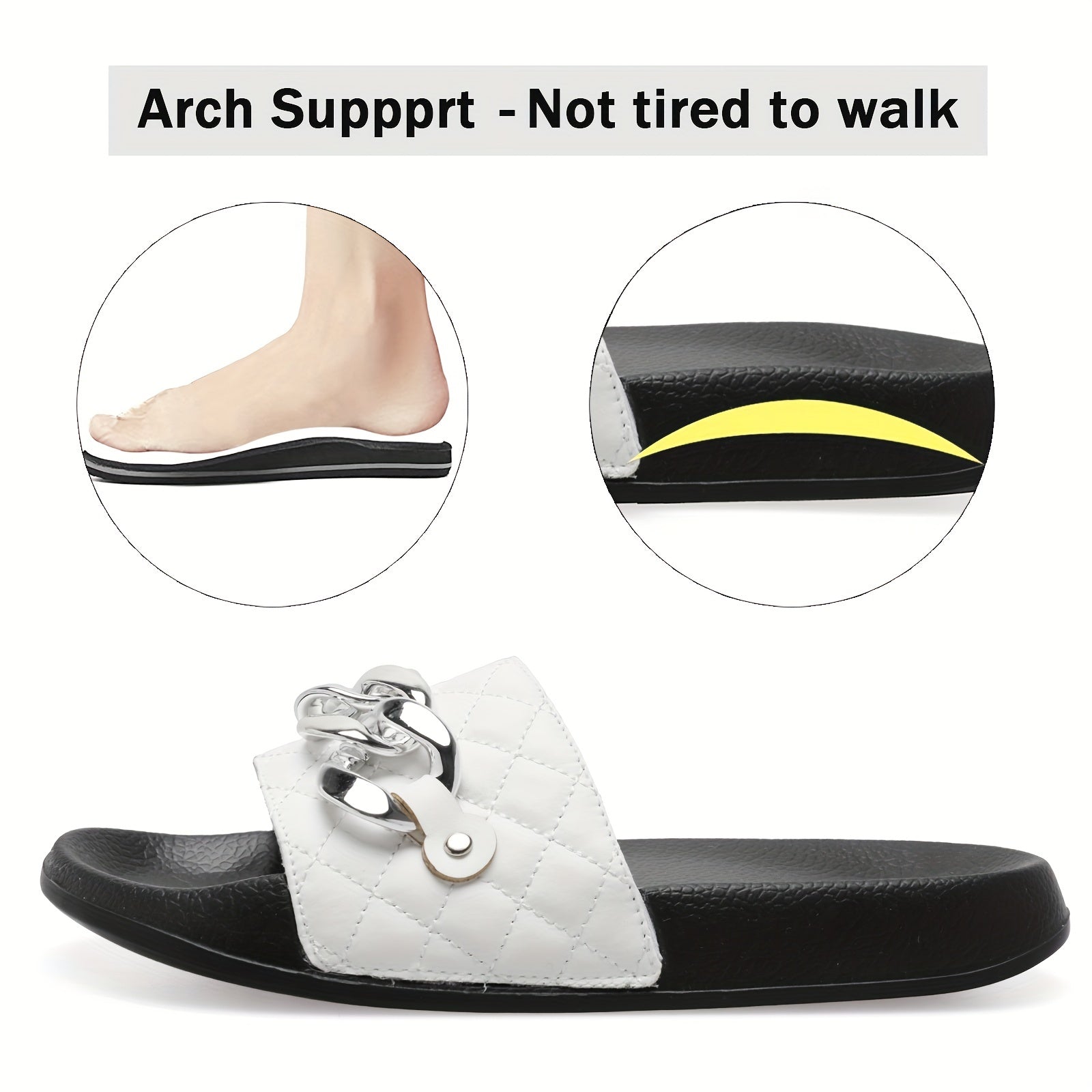 Women's Chain Decor Quilted Slide Shoes, Arch Support Sandals