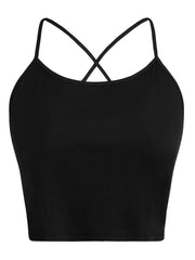  Solid Ribbed Cut Out Criss Cross Back Cami Top