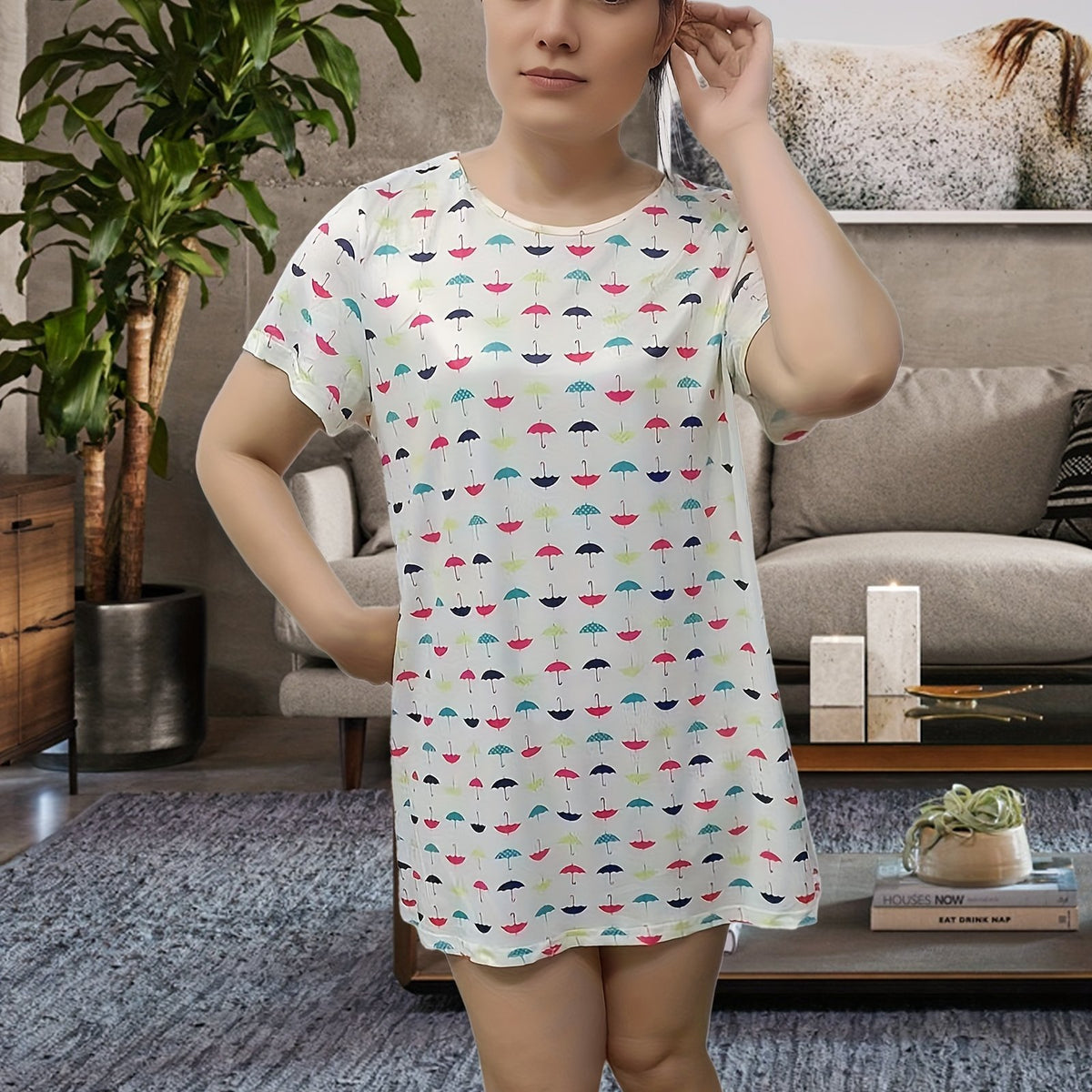  Umbrella Print Round Neck Nightdress