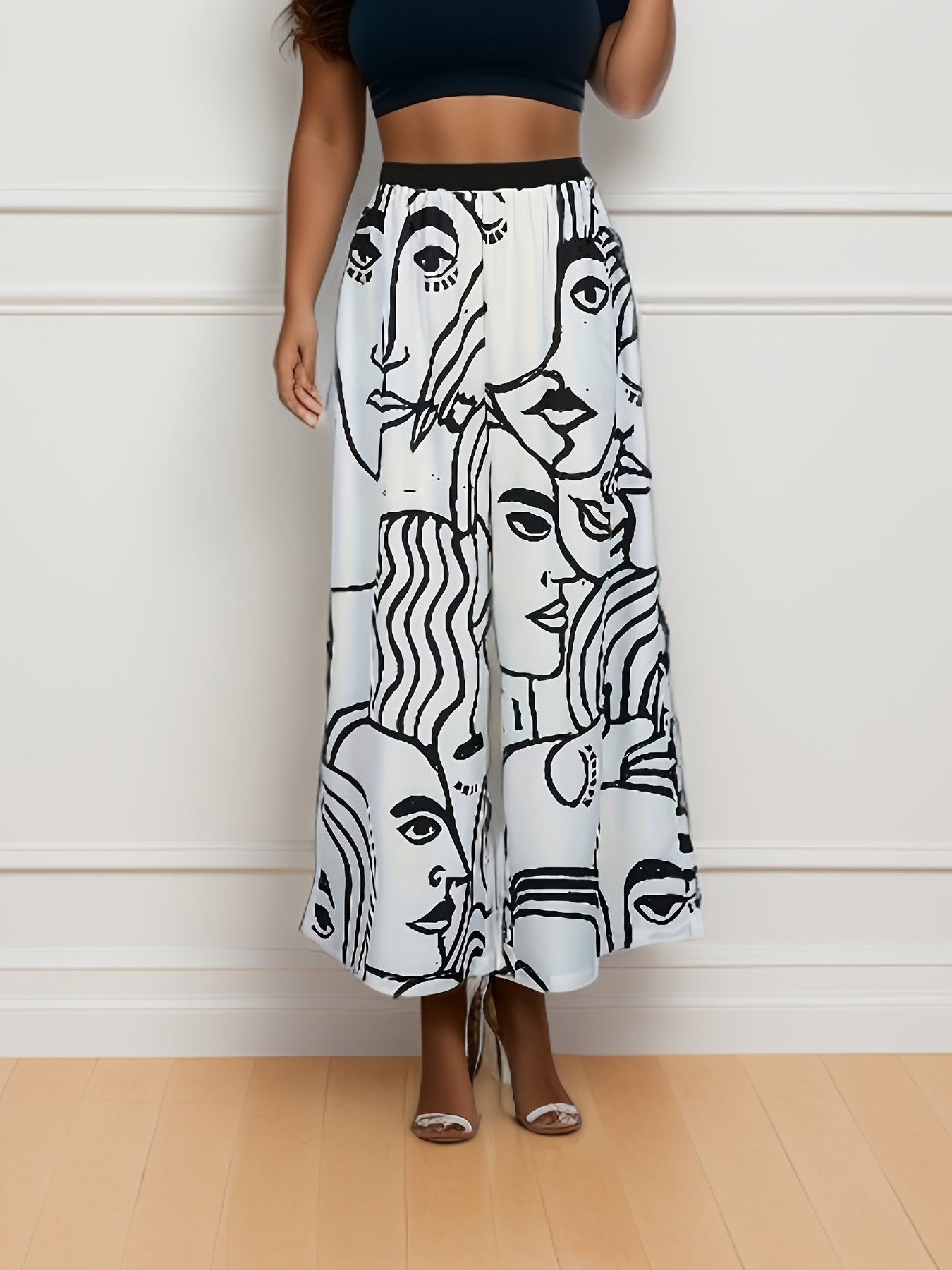 Women's Plus Abstract Figure Print High Rise Wide Leg Trousers