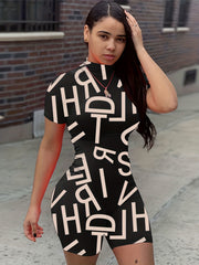 Graphic Print Slim Fit Zipper Rompers