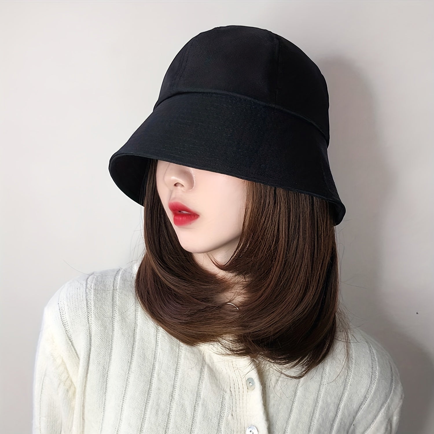 Women's Bucket Hat Wig Shoulder Length Curly Hair Solid Outdoor Sunscreen Hat