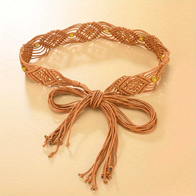 Boho Bowknot Sash Belt Vintage Hollow Braided Wax Rope Waistband