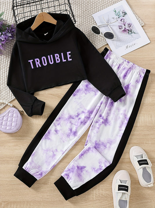 Girls 2pc TROUBLE Letter Hoodie Set Colorblock Tie dye Pants Kids Casual Suit