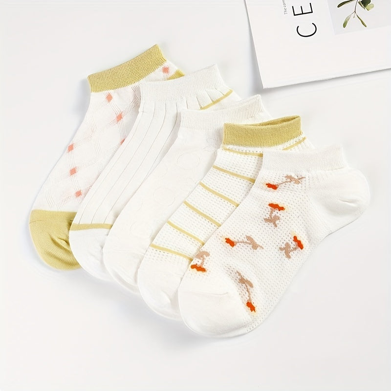 5 Pairs Floral & Striped Ankle Socks Breathable Lightweight Women's Stockings