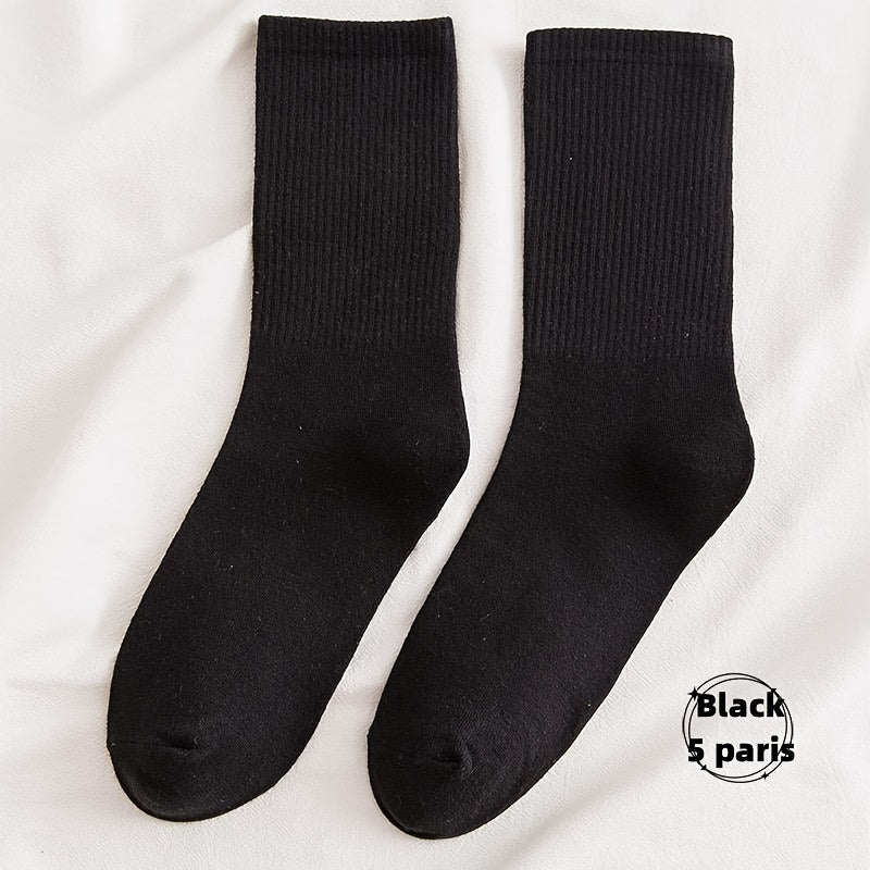 5 Pairs Warm Mid Tube Women's Solid Socks Comfy Stockings