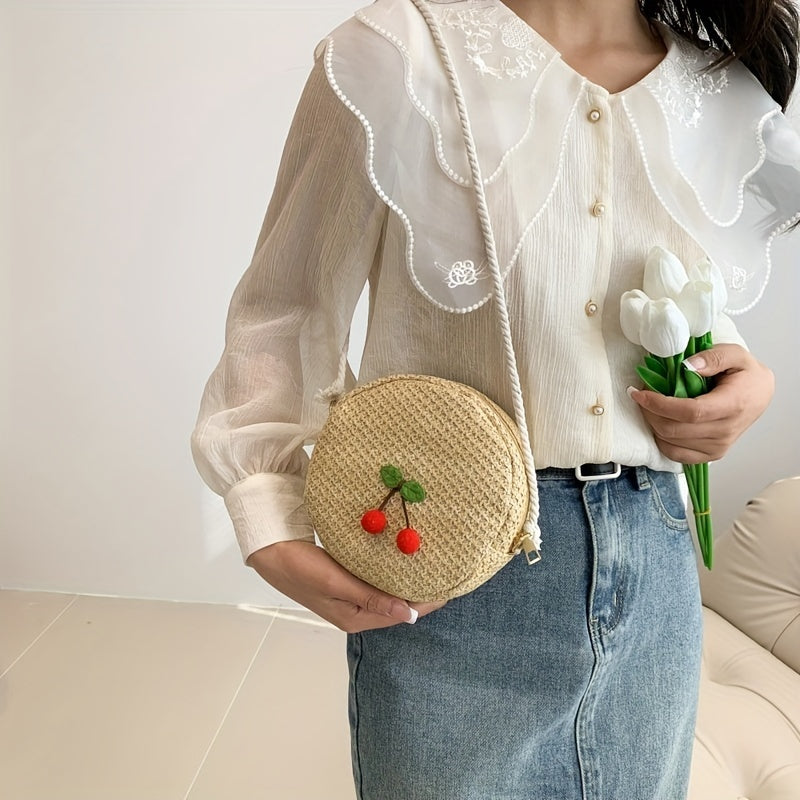 Straw Cherry Mini Shoulder Bag Zipper Round Crossbody Bag