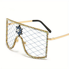 Women's Mesh Shield Glasses Faux Pearl Rhinestone Party Queen Costume