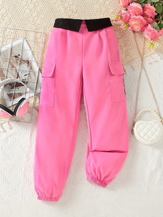 Girls' Casual Cargo Jogger Trousers with Pockets
