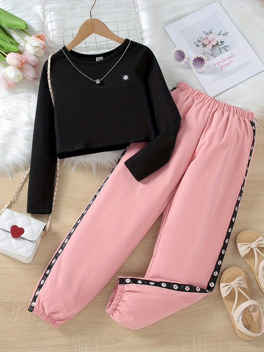 Girls Pink Daisy Flower Top & Trousers Set for Spring Fall