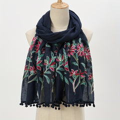 Leaf Embroidery Vintage Scarf Boho Tassel Shawl Solid Windproof Warm Wraps