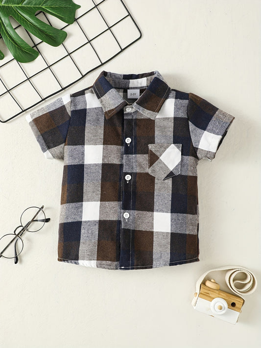 Boys Plaid Shirt Tops Short Sleeves Button Down Casual Summer Kids Clothes