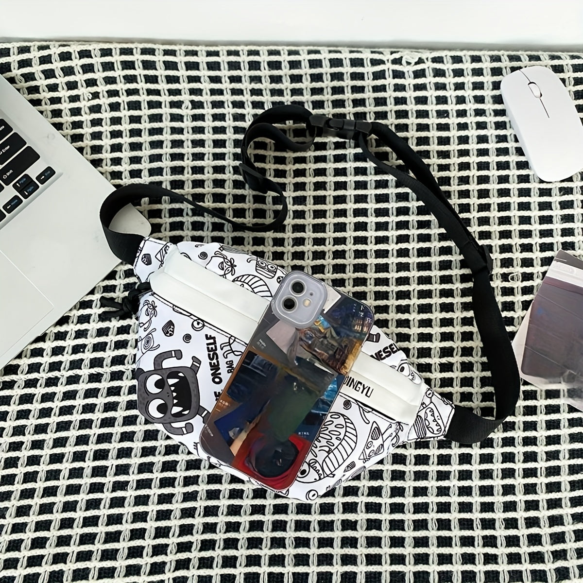 Cartoon Print Chest Bag Graffiti Pattern Canvas Sling Bag