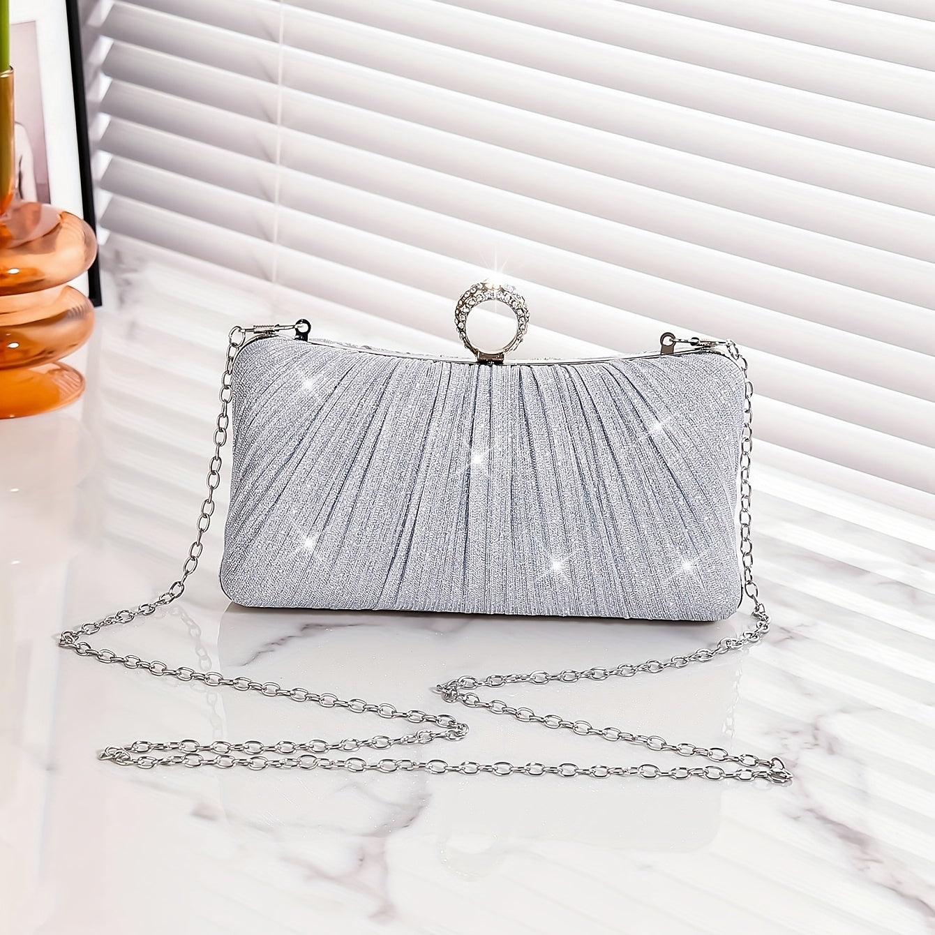 Glitter Metal Chain Clutch Textured Frame Purse Party Prom Evening Bag