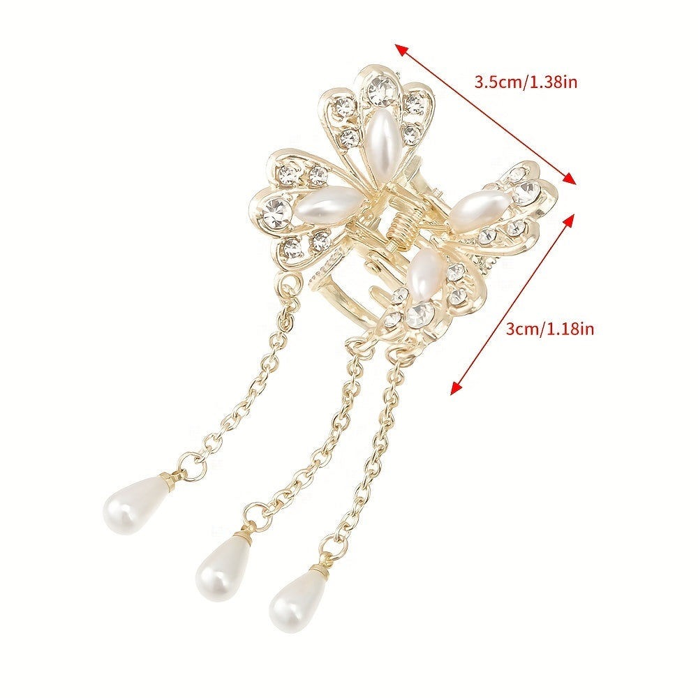 Butterfly Rhinestone Faux Pearl Hair Claw Clip Tassel Mini Clip