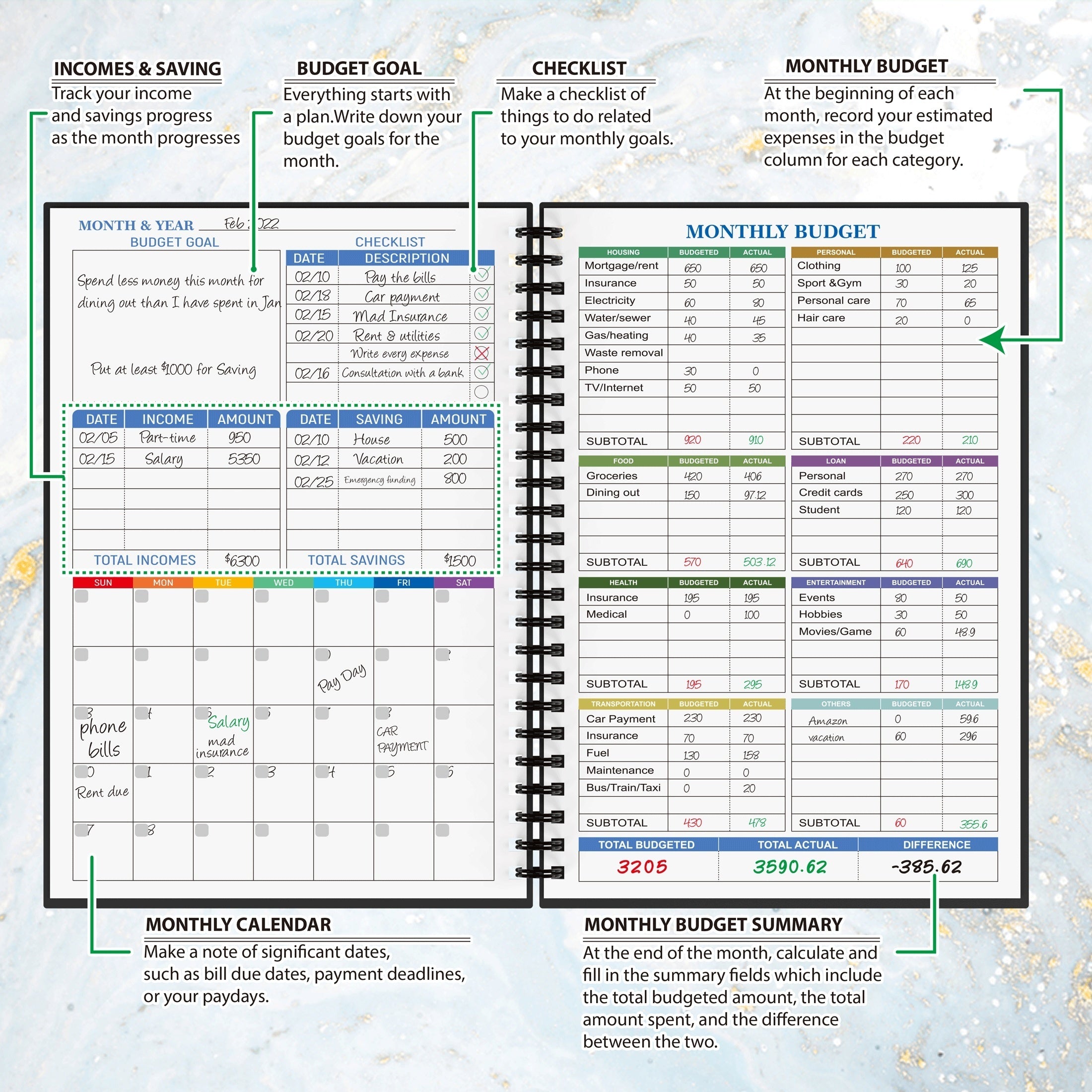 Budget Planner A5 Undated Notebook 100gsm Paper