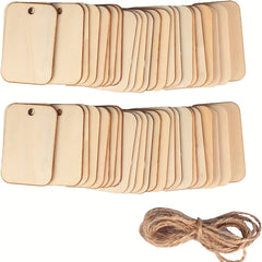 50pcs DIY Wooden Chips with Holes & Hemp Rope for Gift Labels