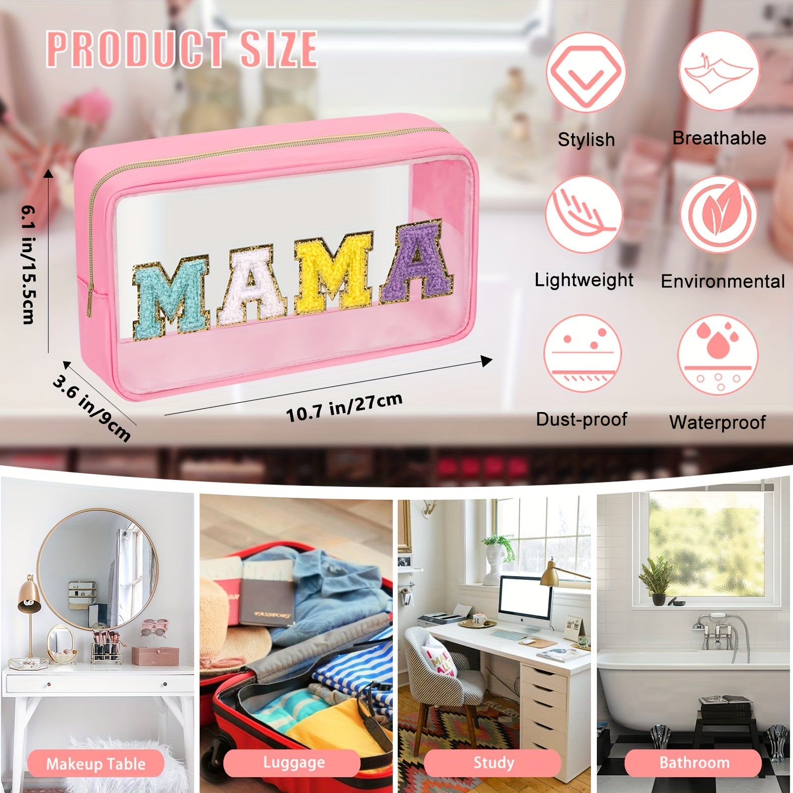 Chenille Letter Clear Makeup Bags Mama Pouch Preppy Patch Makeup Bag