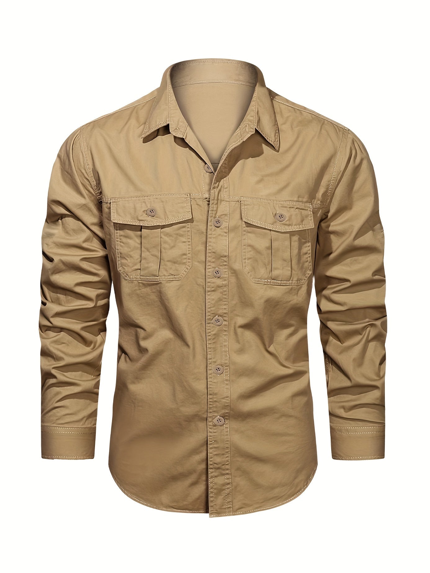 Men's Solid Cargo Shirts Casual Button Up Long Sleeve Shirt