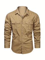 Men's Solid Cargo Shirts Casual Button Up Long Sleeve Shirt