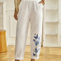  Butterfly Print Elastic Waist Pants With Pockets