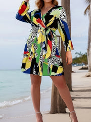  Colorblock Leopard Print Ruffle Long Sleeve Dress