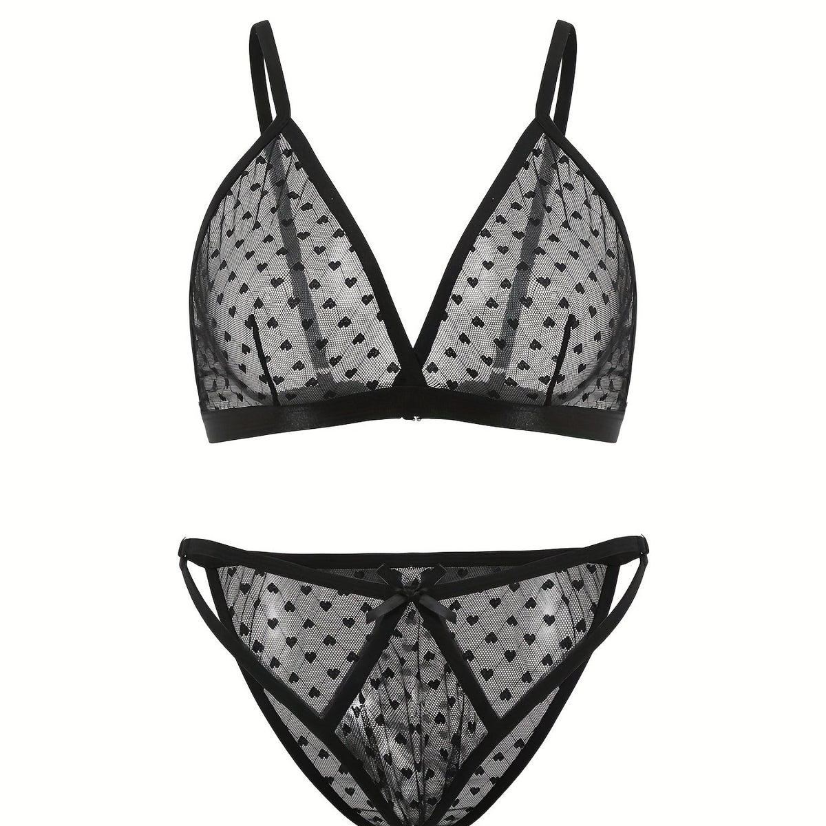  Heart Print Sheer Lingerie Set Sexy Plus