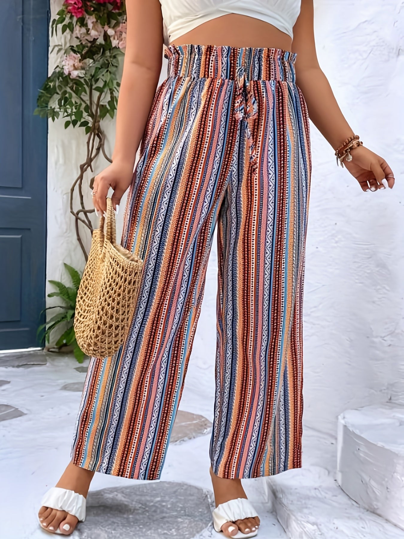  Colorblock Geometric Print Wide Leg Pants