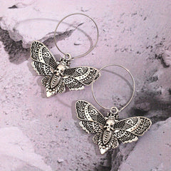 Vintage Goth Moth Skull Dangle Earrings Retro Style