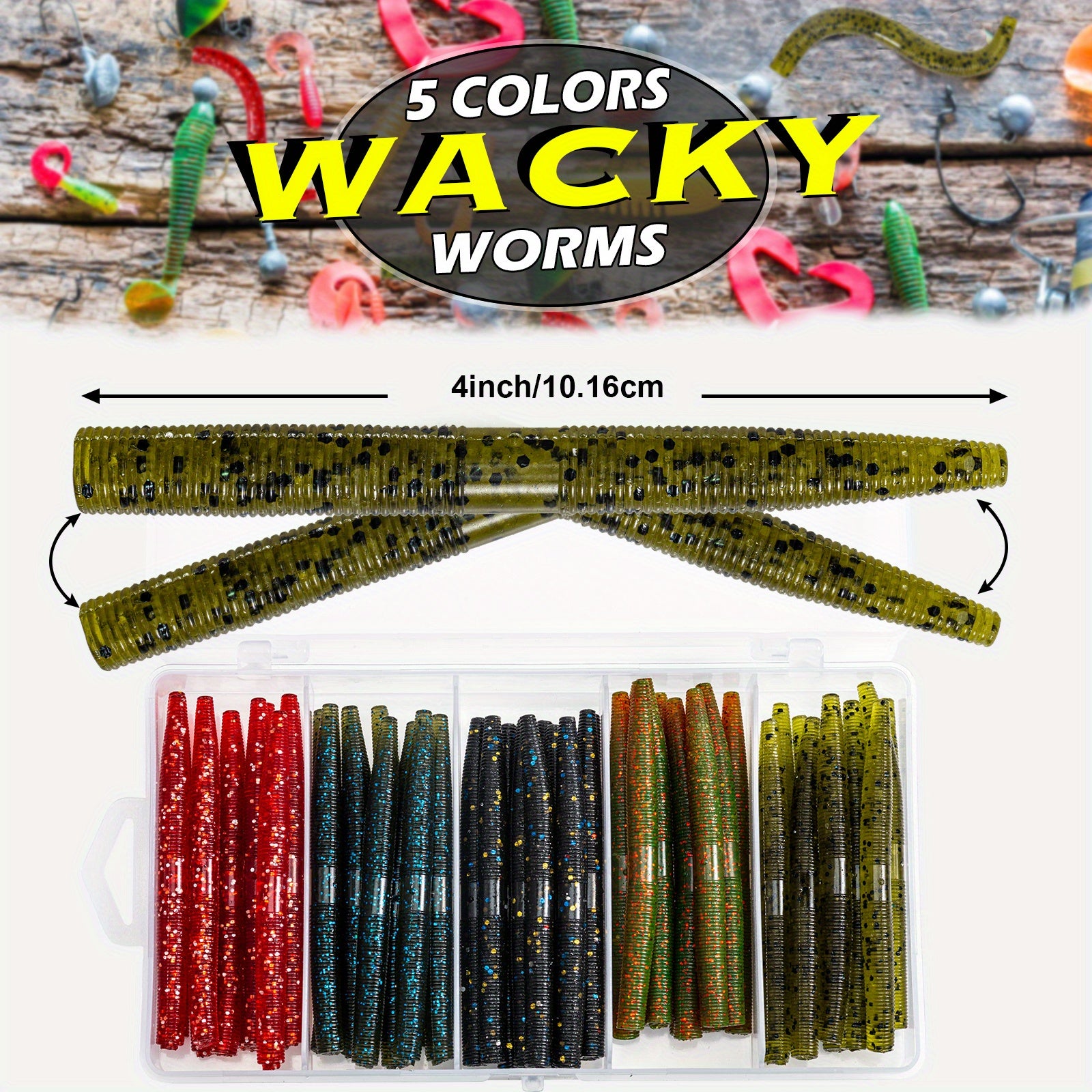 50pcs Senko Worms Fishing Lures Kit, Soft Plastic Bait for Bass Trout