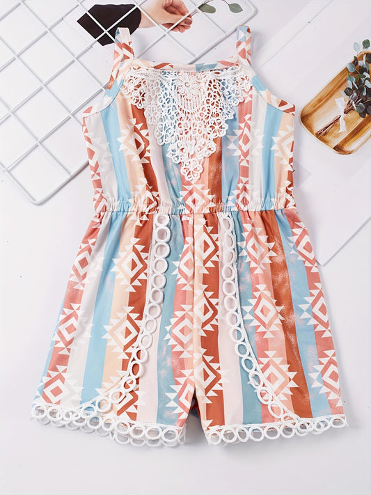 Toddler Girls Block Stripe And Abstract Graphic Lace Trim Cami Rompers Jumpsuits