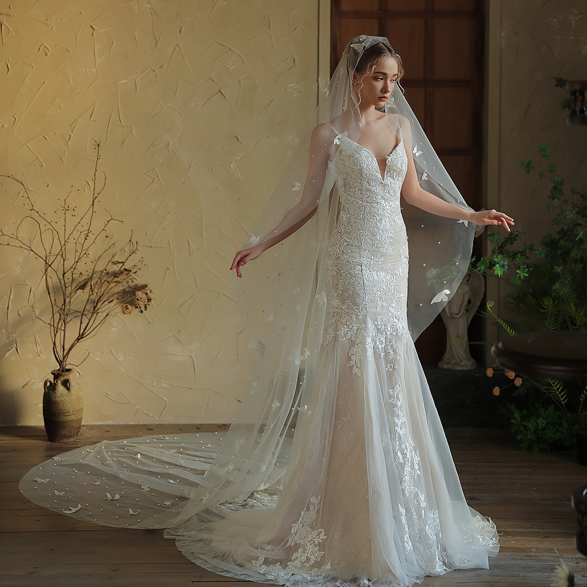 Vintage European Romance Wedding Veil with Pearls & 3D Butterfly