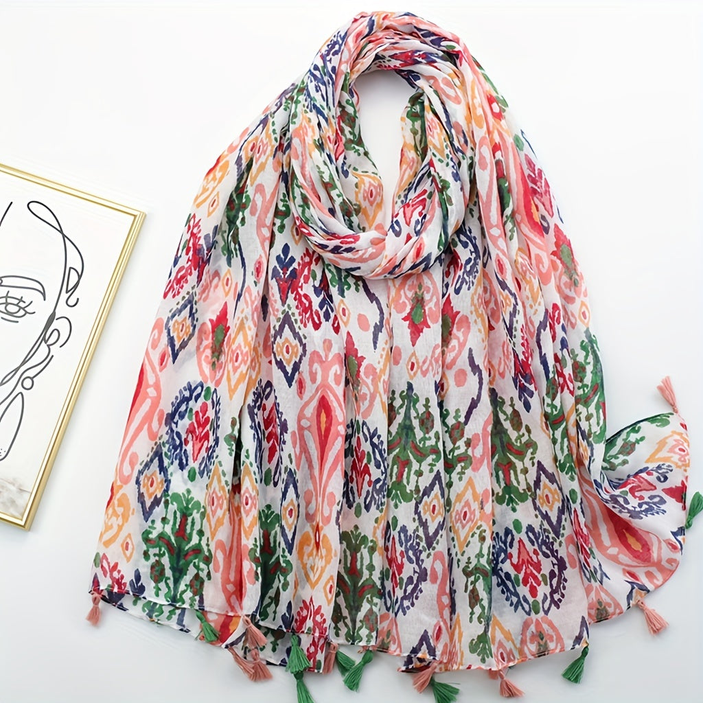 Boho Floral Print Scarf Tassel Shawl Women Voile Sunscreen Head Wrap