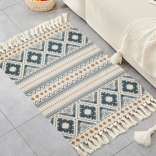Boho Handwoven Linen Area Rug With Tassels Absorbent Bath Rug