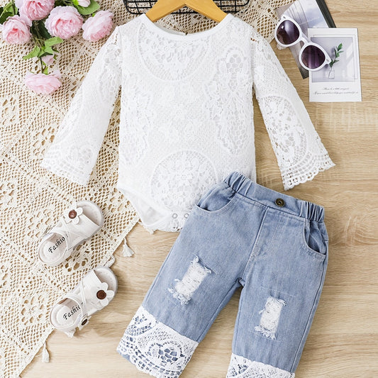 2pcs Baby Girls Long Sleeve Lace Onesie & Ripped Jeans Set