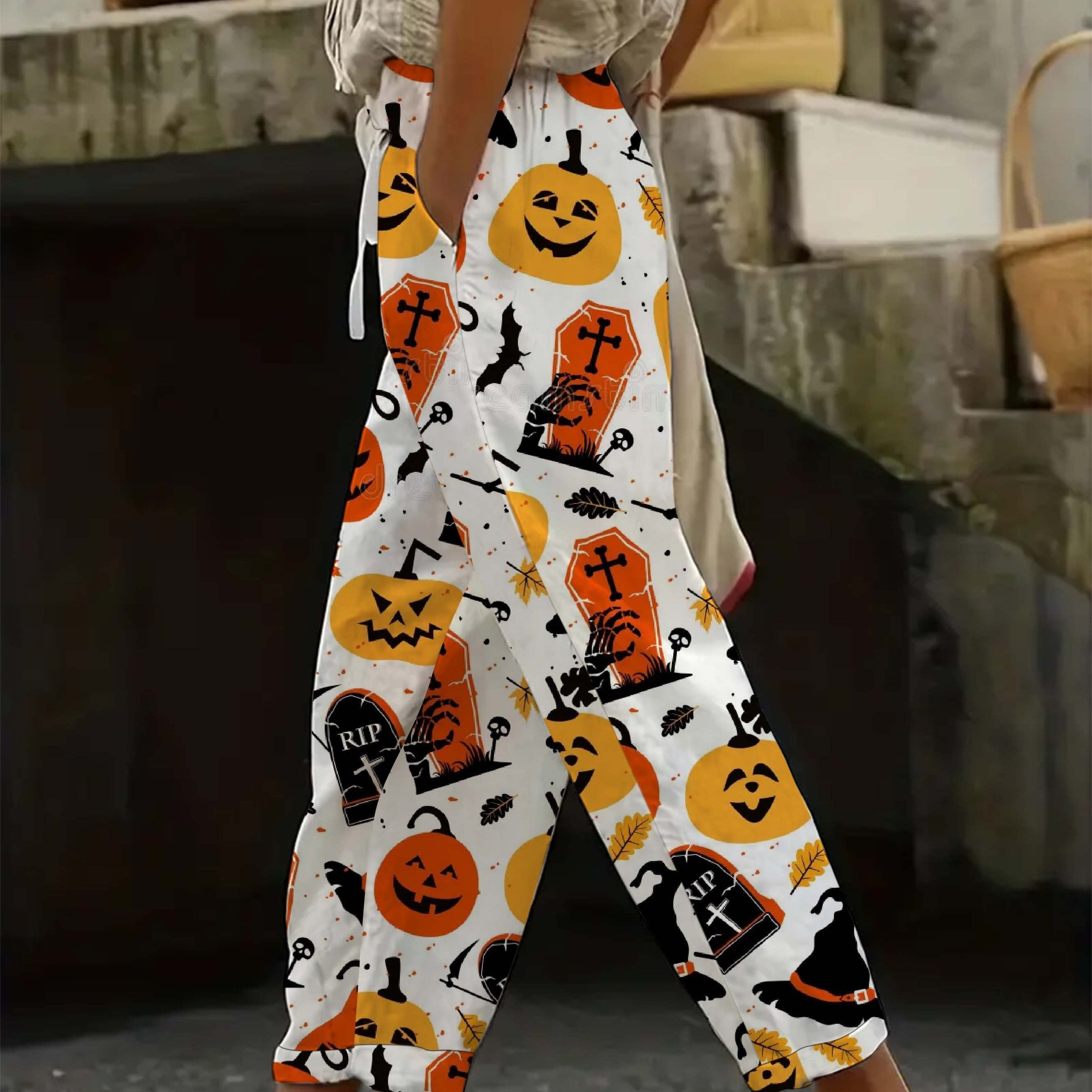  Allover Pumpkin & Witch Print Stretch Trousers With Pockets