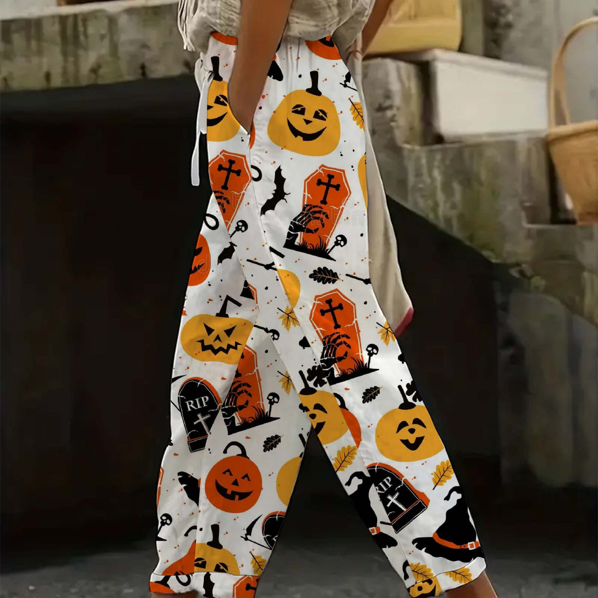  Allover Pumpkin & Witch Print Stretch Trousers With Pockets