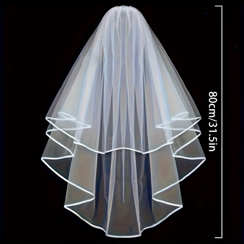 Double Layer Bridal Veil with Satin Ribbon and Hair Comb