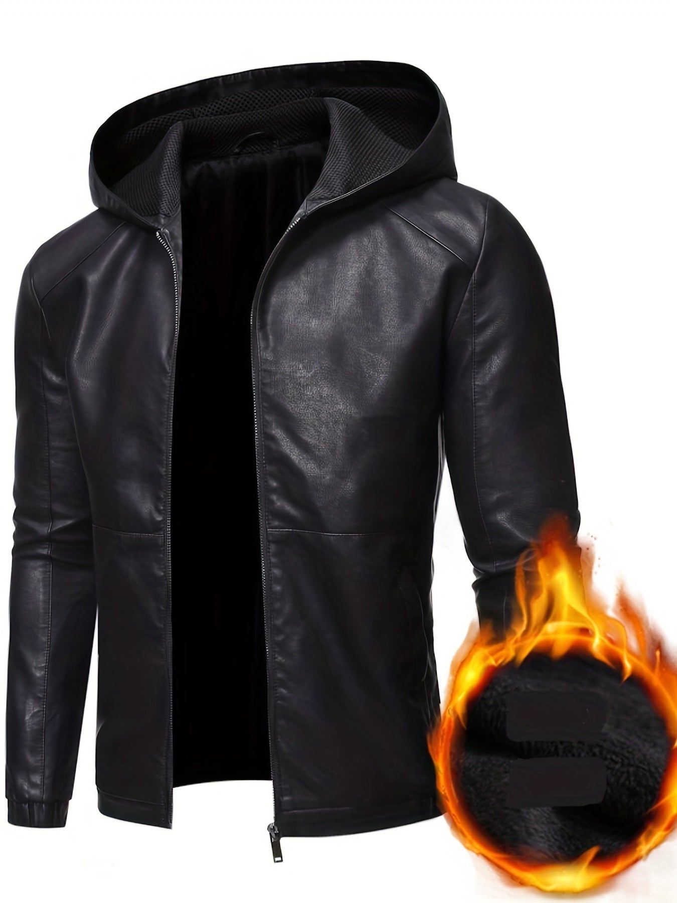 Men's PU Hooded Jacket Zip Up Faux Leather Jacket
