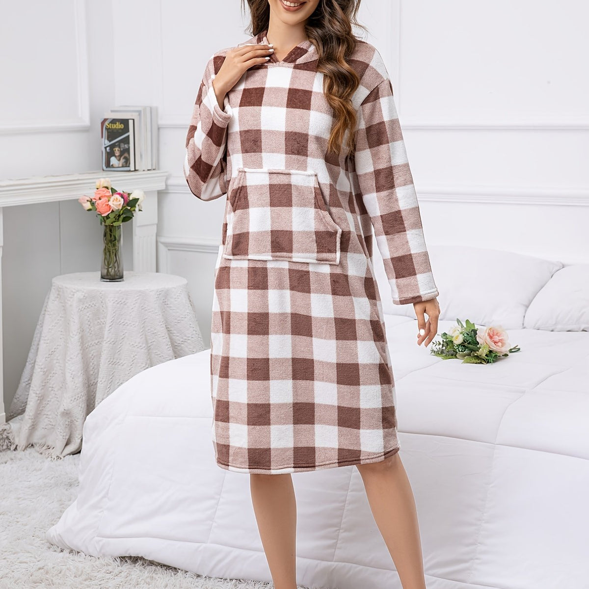 Plaid Hooded NightDress Long Sleeve Pajama Dress