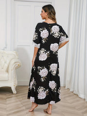 Floral Print Lounge Dress with Lace Trim Short Sleeves