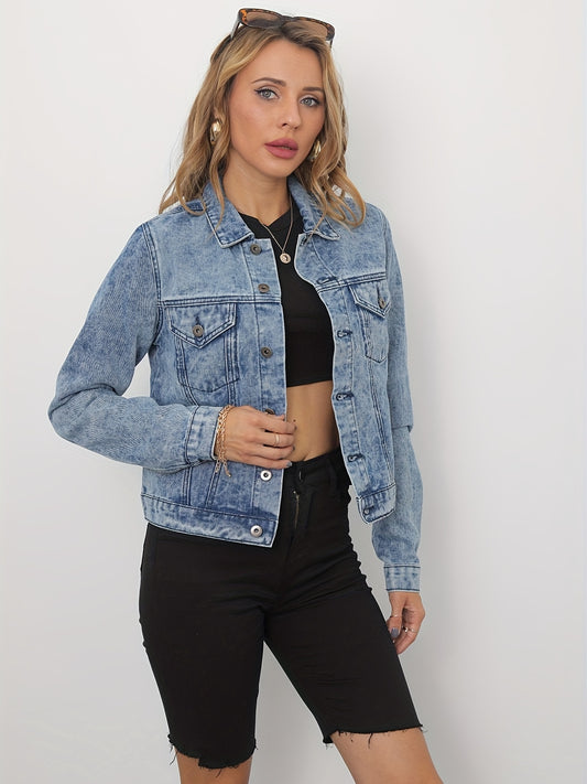 Denim Coat - Chest Flap Pocket Single Breasted Long Sleeve Jacket