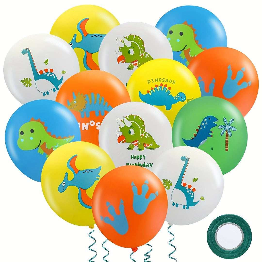 33 Colored Dinosaur Latex Balloons with Ribbon and Glue